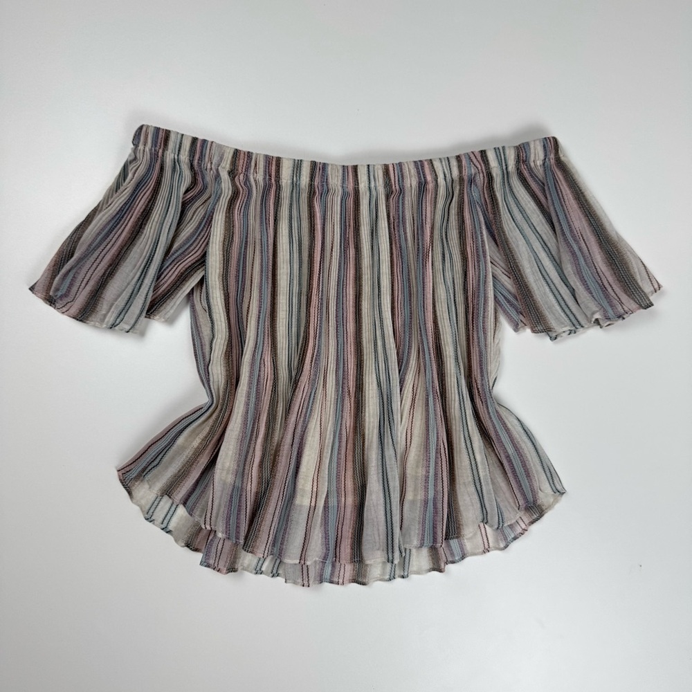 BP Off The Shoulder Flare Striped Mesh Ruffle Top Sz Small Boho Festival Retro